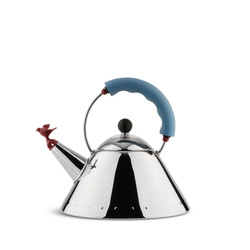 Kettle with whistle, bird, polished, blue handle