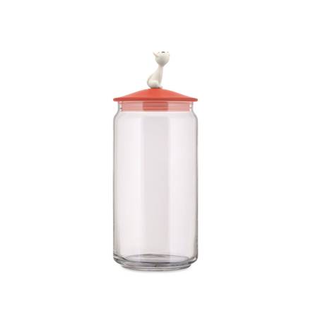 ALESSI cat jar with red lid, transparent